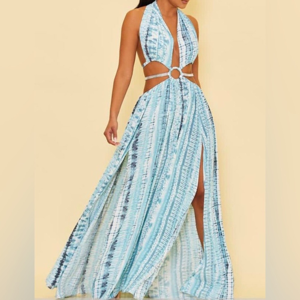 Teal Tie Dye O-Ring Cut Out Double Slit Maxi Dress